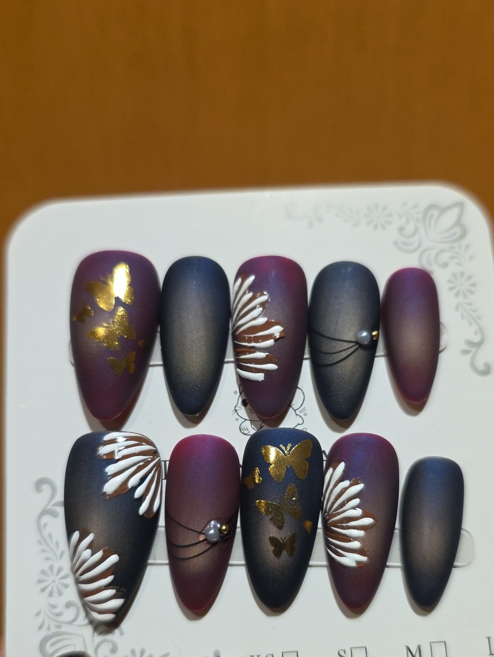 Matte Purple & Navy Butterfly Floral Press-On Nail Set Size Large